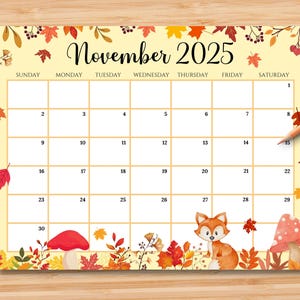 Calendario novembre 2025 MODIFICABILE, Bellissimo pianificatore mensile autunnale stampabile, Orario scolastico per bambini, Calendario della classe, Download immediato