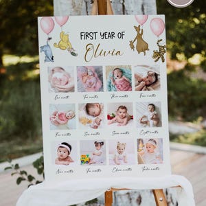 Affiche photo classique du premier anniversaire de Winnie l'ourson, tableau photo vintage pour le 1er anniversaire de l'ourson, 1er anniversaire de la fille de l'ourson, modifiable imprimable