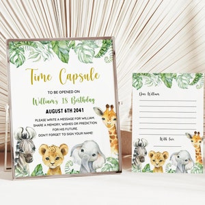 Safari Time Capsule Sign & Card Template, Wild One Birthday Time Capsule, Safari Jungle Animals, 1. urodziny, Baby Shower Boy Girl EDITABLE