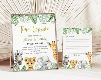 May include: A time capsule sign with a jungle theme. The sign says "Time Capsule" and "To be opened on William's 18th Birthday August 6th 2041".  It also has a zebra, lion, and elephant illustration.  There is a separate card with the text "Dear William" and "With love".