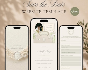Ivory & Sage Green Save the Date Website Template, Digital Wedding Invitation with RSVP, Paperless Canva Text Invite, Instant Download
