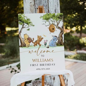 Cartello di benvenuto di Winnie the Pooh, classico poster per baby shower e compleanno dell'orso Pooh, neutro rispetto al genere, modello modificabile, download immediato stampabile