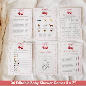 May include: Set of 10 printable baby shower games with pink and white cherry designs. The games include: Celebrity Baby Names, Animal Gestation, Find the Guest Bingo, Baby's Book Itinerary, Pacifier Hunt, and Mom Said - Dad Said.