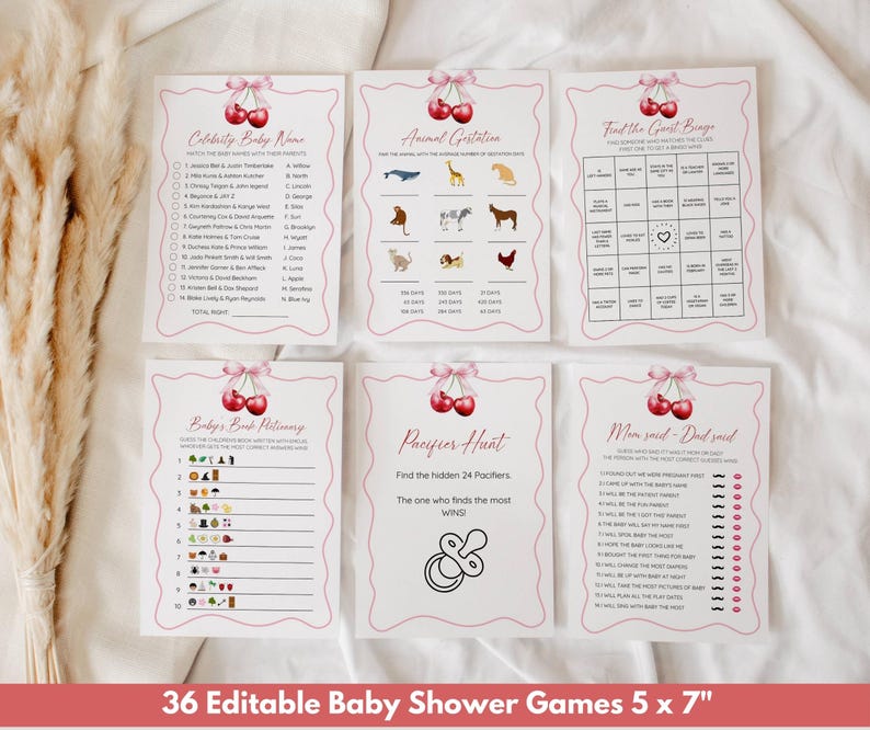 May include: Set of 10 printable baby shower games with pink and white cherry designs. The games include: Celebrity Baby Names, Animal Gestation, Find the Guest Bingo, Baby's Book Itinerary, Pacifier Hunt, and Mom Said - Dad Said.