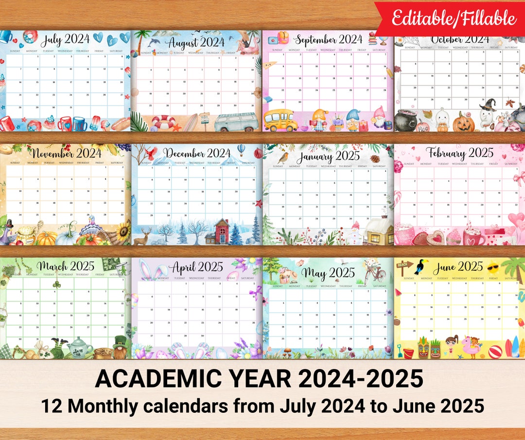 EDITABLE School Calendar 20242025 From July to June, Printable Monthly