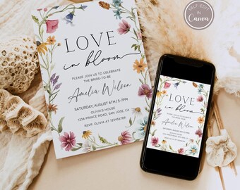 Invitación de despedida de soltera con flores silvestres, plantilla de invitación de despedida de soltera Love Is In Bloom, invitación de despedida de soltera con flores silvestres, EDITABLE