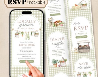 Editable Locally Grown Baby Shower Website Invitation, Online RSVP Digital Invite,  Farmers Market Baby Shower Green Gingham Canva Template