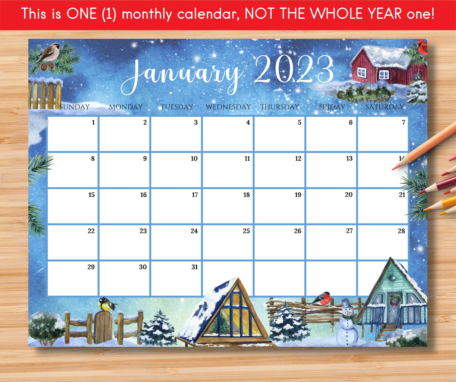 EDITABLE January 2023 Calendar Beautiful Winter in a Village Etsy México
