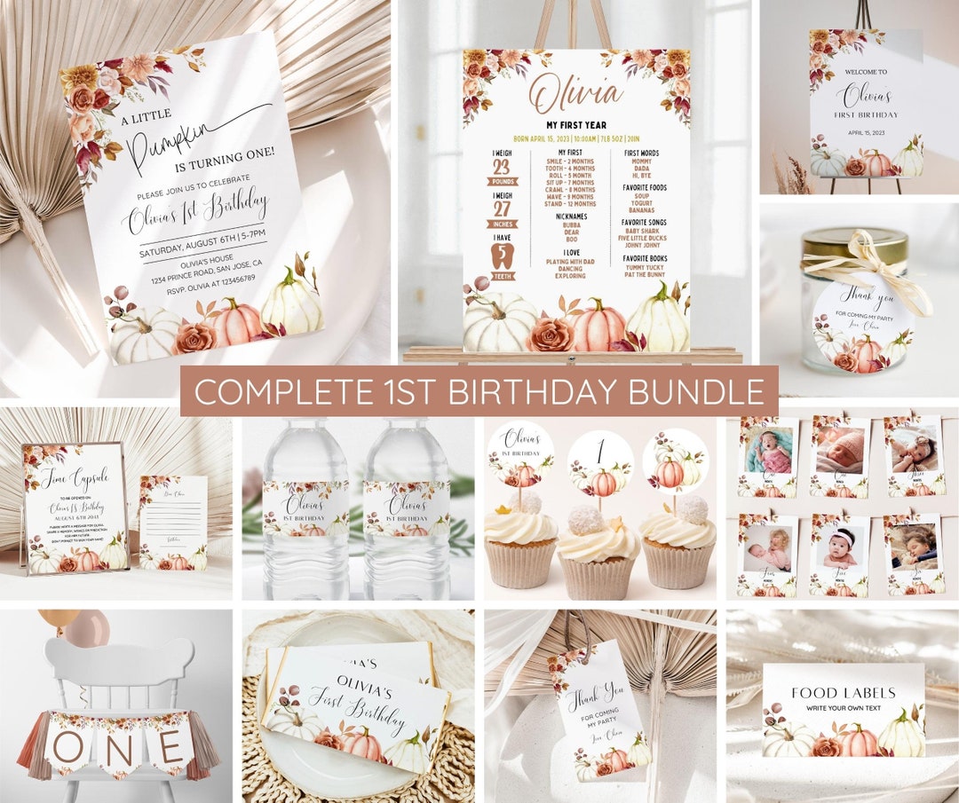 Little Pumpkin Fall Autumn Birthday Invitation Bundle, Editable Floral ...