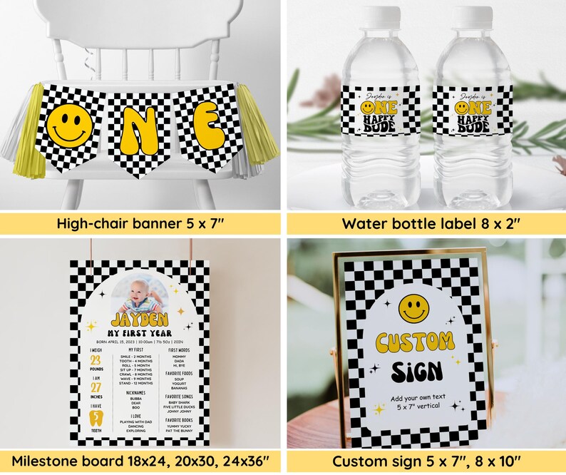 One Happy Dude Birthday Invitation Bundle, Editable Retro One Happy Dude First Birthday Invite Boy, Smiley Face Party Template, Printable image 3