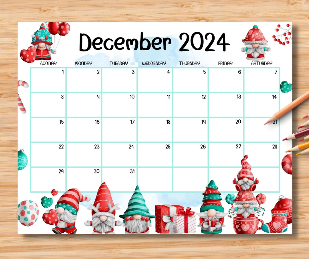 EDITABLE December 2024 Calendar, Adorable Christmas W/ Cute Gnomes, Printable Fillable Planner