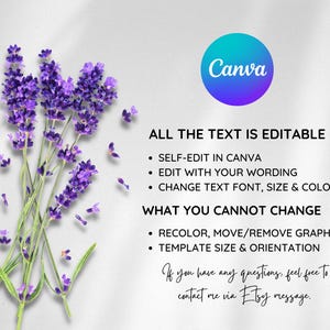 May include: Image featuring a bouquet of purple lavender and text that reads "Canva" and "ALL THE TEXT IS EDITABLE". The text also lists what can and cannot be changed in the template. Contact via Etsy message for questions.
