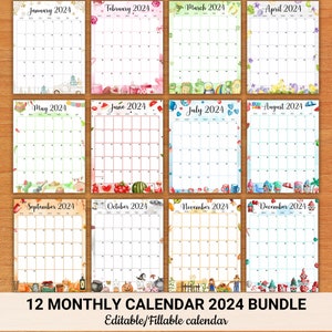 EDITABLE Vertical/Portrait Monthly Calendar 2024 Bundle, Printable Calendar 2024 for Kids School Home & Work, Editable PDF, Digital Download