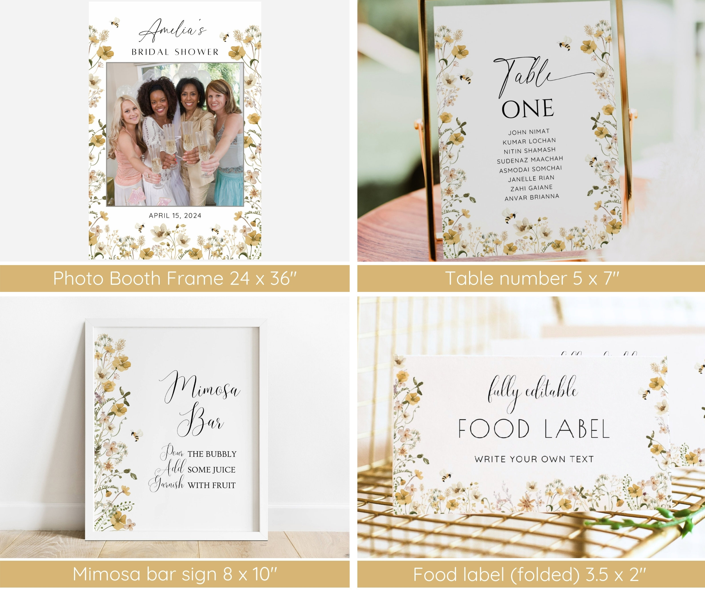 Puede incluir: Un conjunto de carteles imprimibles para una despedida de soltera con un dise&ntilde;o floral. Los carteles incluyen un marco para cabina de fotos, un n&uacute;mero de mesa, un cartel para la barra de mimosa y una etiqueta de comida. Los carteles miden 61 x 91 cm, 13 x 18 cm, 20 x 25 cm y 9 x 5 cm, respectivamente.