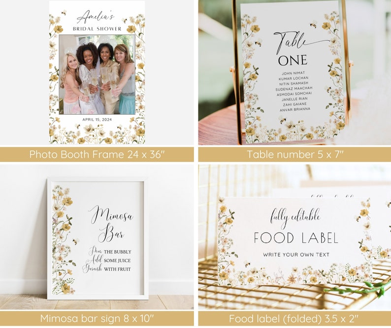 Puede incluir: Un conjunto de carteles imprimibles para una despedida de soltera con un dise&ntilde;o floral. Los carteles incluyen un marco para cabina de fotos, un n&uacute;mero de mesa, un cartel para la barra de mimosa y una etiqueta de comida. Los carteles miden 61 x 91 cm, 13 x 18 cm, 20 x 25 cm y 9 x 5 cm, respectivamente.