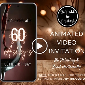Invitation de fête d'anniversaire vidéo champagne vin rouge, invitation à une fête d'anniversaire de tout âge pour hommes femmes, smartphone numérique, modèle de toile MODIFIABLE