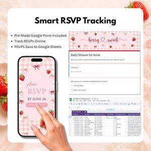 K&ouml;nnte beinhalten: Ein digitales RSVP-Tracking-System f&uuml;r eine Babyparty mit einem Smartphone, das eine Einladung mit Erdbeermuster auf rosa Vichy-Karo zeigt, einer Google-Formular-Oberfl&auml;che mit dem Text Baby Shower for Amie und einer Google-Tabelle.