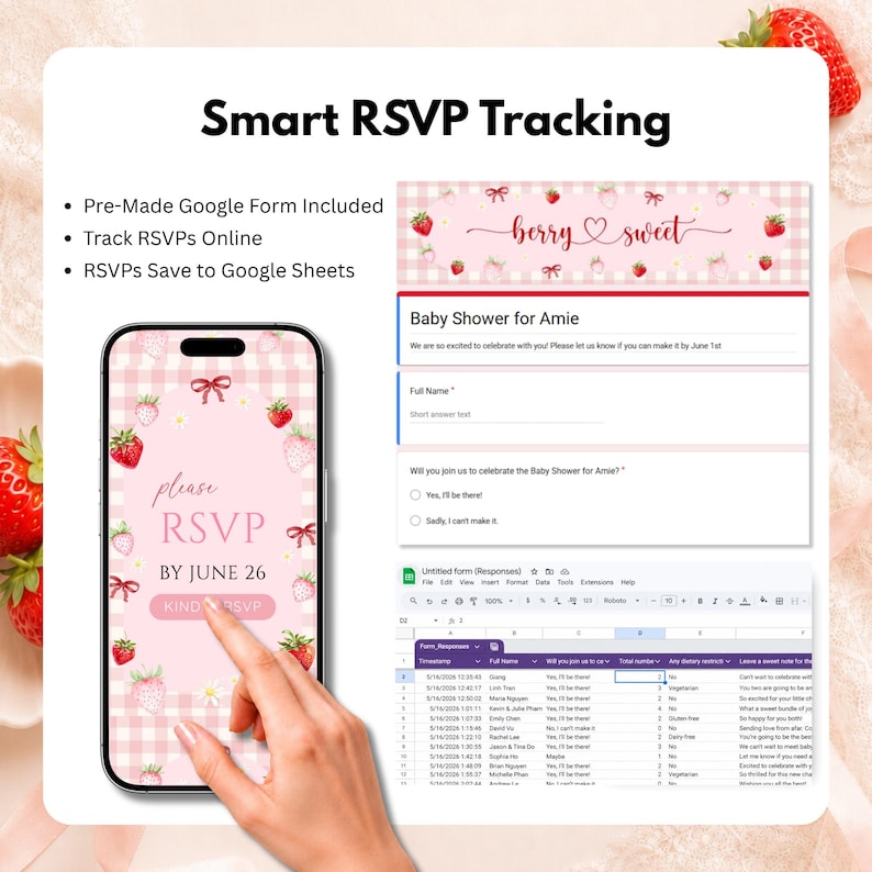 K&ouml;nnte beinhalten: Ein digitales RSVP-Tracking-System f&uuml;r eine Babyparty mit einem Smartphone, das eine Einladung mit Erdbeermuster auf rosa Vichy-Karo zeigt, einer Google-Formular-Oberfl&auml;che mit dem Text Baby Shower for Amie und einer Google-Tabelle.
