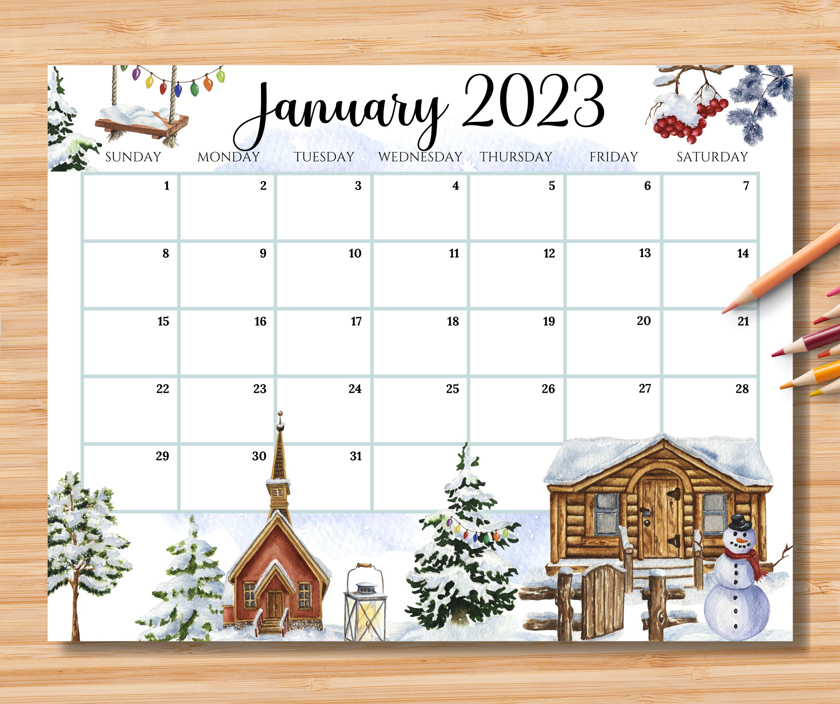EDITABLE January 2023 Calendar Beautiful Winter At A Village Etsy Israel