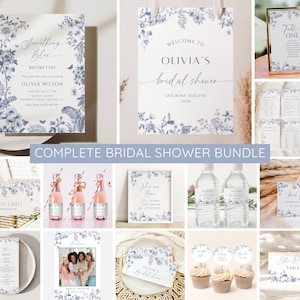 Something Blue Bridal Shower Invitation Bundle, Blue Floral Bridal Shower Invite Template, Victorian, Chinoiserie inspired Decor, EDITABLE