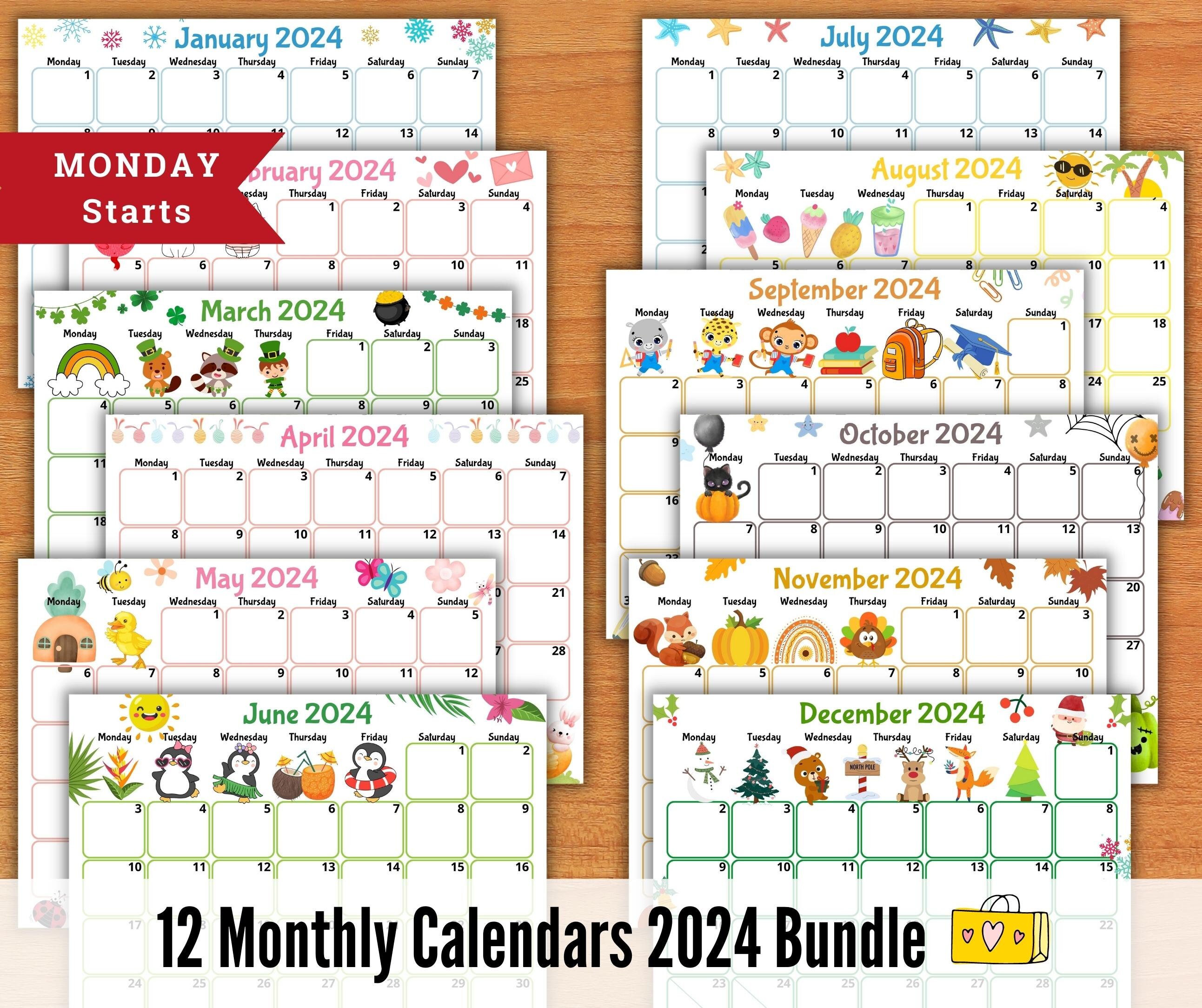 EDITABLE 2024 Calendars monday Starts Cute Monthly Calendar Etsy