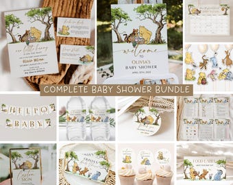 Winnie the Pooh Baby Shower Bundle, Little Hunny Is on the Way Invitation & Games, Vintage Pooh Bear Party Decor, Editable Canva Template