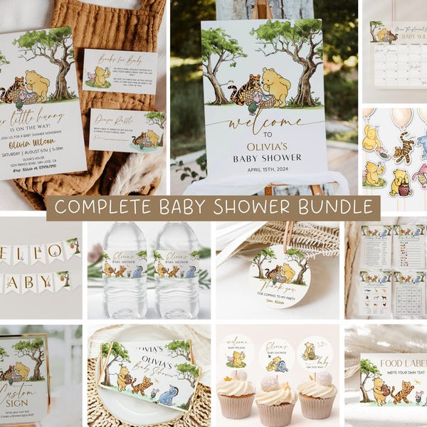 Winnie the Pooh Baby Shower Bundle, Little Hunny Is on the Way Invitation & Games, Vintage Pooh Bear Party Decor, Editable Canva Template