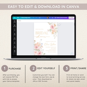 Op de afbeelding: Een laptopscherm dat een Canva-sjabloon voor een bruidsdoucheinvitatie weergeeft. De uitnodiging heeft een aquarelbloemendesign met roze, witte en blauwe bloemen. De tekst op de uitnodiging luidt "Bridal Shower" in gouden letters en "Join us to celebrate" gevolgd door de naam van de bruid. De tekst onder de naam van de bruid bevat de datum, tijd en locatie van het evenement. Het laptopscherm toont ook de Canva-bewerkingshulpmiddelen, waaronder opties voor positie, ontwerp, tekst, enz.