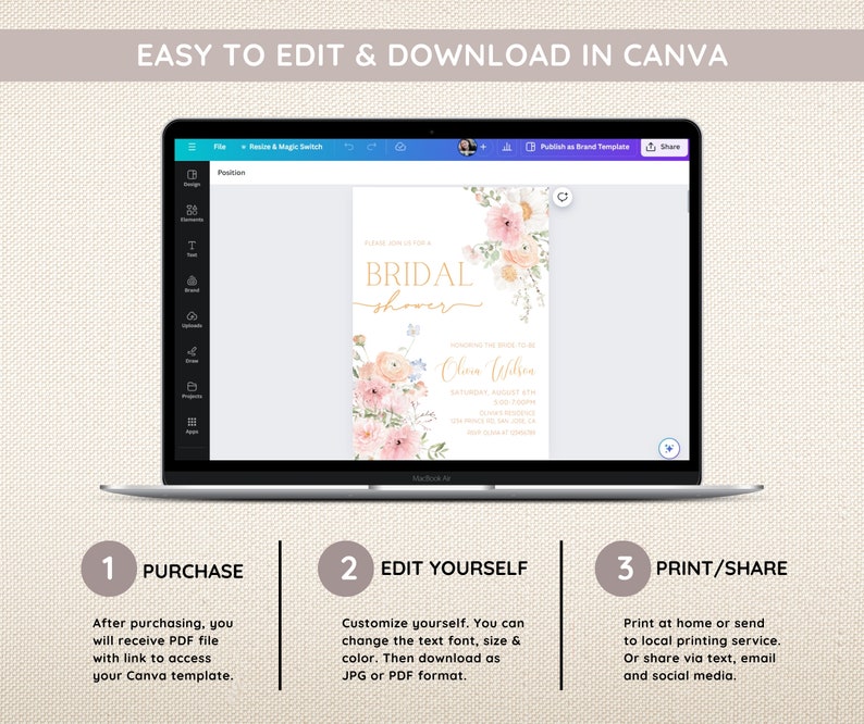 Op de afbeelding: Een laptopscherm dat een Canva-sjabloon voor een bruidsdoucheinvitatie weergeeft. De uitnodiging heeft een aquarelbloemendesign met roze, witte en blauwe bloemen. De tekst op de uitnodiging luidt "Bridal Shower" in gouden letters en "Join us to celebrate" gevolgd door de naam van de bruid. De tekst onder de naam van de bruid bevat de datum, tijd en locatie van het evenement. Het laptopscherm toont ook de Canva-bewerkingshulpmiddelen, waaronder opties voor positie, ontwerp, tekst, enz.