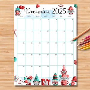 EDITABLE December 2025 Calendar (Vertical/Portrait), Cute Gnome Christmas Planner, Monthly Schedule for Kids, School, Home, Work & Office