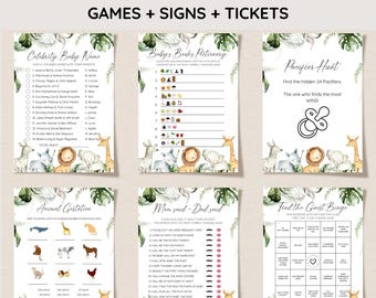 May include: Printable baby shower game cards with a jungle animal theme. The cards feature games like "Celebrity Baby Name", "Baby's Books Pletionary", "Pacifier Hunt", "Animal Gestation", "Mom Said - Dad Said", and "Find the Guest Bingo".
