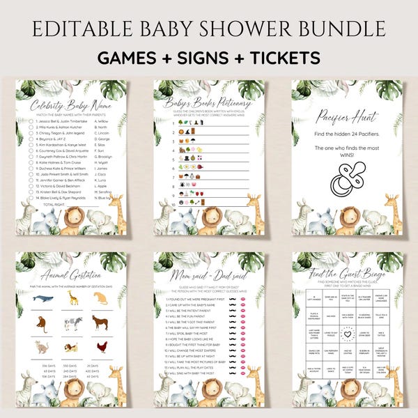 Safari Animal Baby Shower Game Bundle, Safari Baby Shower Game Paket, Jungle Animal Baby Shower, geschlechtsneutral, bearbeitbare Spiele, druckbar