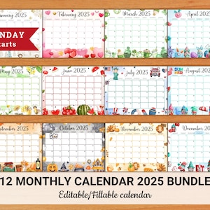 EDITABLE Monthly Calendar 2025 Bundle (Monday Starts), Cute Printable Fillable Monthly Calendar 2025, Editable PDF Calendar Digital Download
