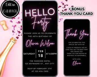 40th Birthday Invitation, Neon Pink Glow Party, Hello Forty, Forty Birthday Electronic Invite, Editable Template Text Evite Instant Download