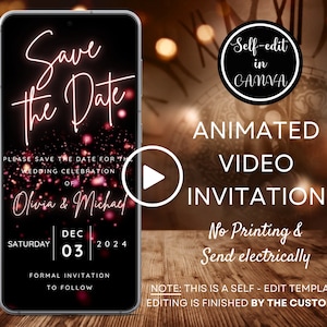 Video salva la data per qualsiasi invito a un evento, invito animato per compleanno/festa di matrimonio con glitter rossi, modello Canva per smartphone digitale ecologico
