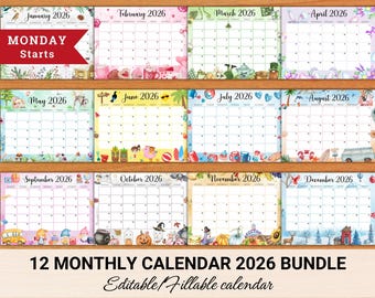 Editable 2026 Monthly Calendar (Monday Starts), Cute Printable Planner for Kids, Home School Work Office Organizer PDF, Digital Download