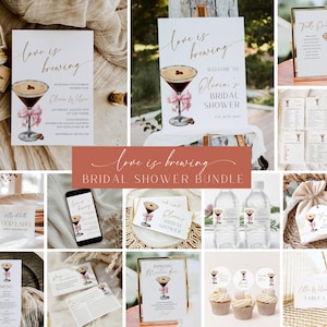 Paquete de despedida de soltera "Love Is Brewing", invitación y juegos para despedida de soltera "Espresso Martini", plantilla editable, descarga instantánea