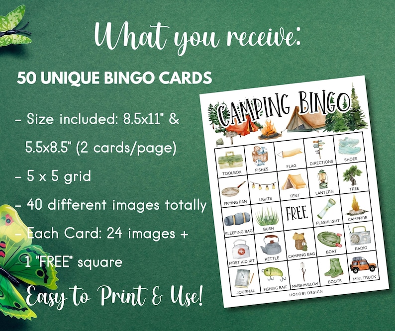 Peut inclure: Un jeu de cartes de bingo de camping imprimable avec 50 cartes uniques. Chaque carte a une grille de 5x5 avec 24 images et un carr&eacute; "GRATUIT". Les images incluent des articles li&eacute;s au camping comme une tente, un sac de couchage, un feu de camp et un app&acirc;t &agrave; p&ecirc;che.
