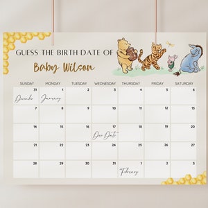 Winnie de Poeh-babyvervaldatumkalender, vintage Winnie-voorspellingsspel, babyshowerspel, raad baby's geboortedatum, genderneutraal, BEWERKBAAR