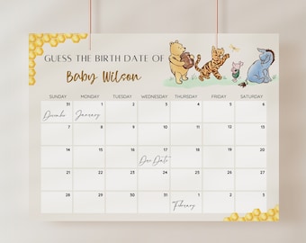 Winnie the Pooh Baby Due Date Calendar, Vintage Winnie Prediction Game,  Baby Shower Game, Guess Baby's Birth Date, Gender Neutral, EDITABLE