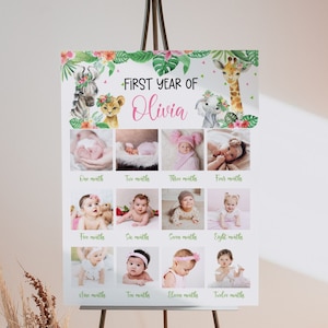 Póster con foto del primer cumpleaños de Wild One, plantilla de póster de safari, foto del primer cumpleaños de Safari, tablero de fotos del primer cumpleaños de animales de Safari para niña
