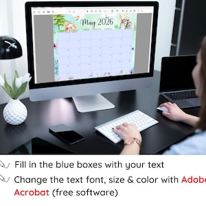 May include: A computer monitor displays a May 2026 calendar with a floral and bicycle design. The text on the screen includes "May 2026" and instructions to fill in blue boxes and change text with Adobe Acrobat software.