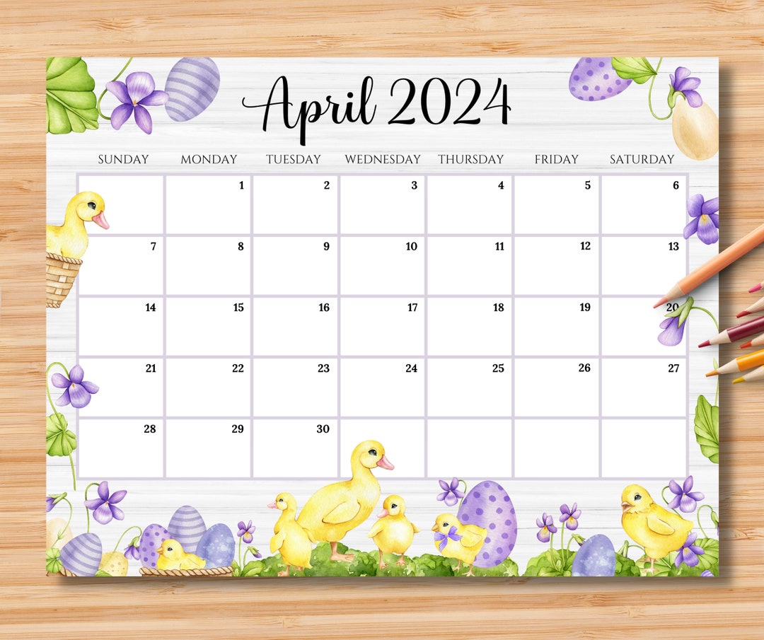 EDITABLE April 2024 Calendar Happy Easter Day With Cute Ducks Etsy