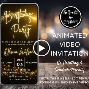 Video Black Gold Birthday Party Invitation, Animated Birthday Party Evite, Any Age Birthday Invite, Digital Phone Invitation, Canva Template