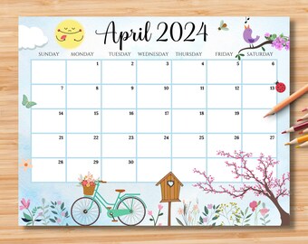 EDITABLE April 2024 Calendar, Beautiful Spring with Flowers & Bird, Printable Fillable Monthly Planner, Kid School Schedule Instant Download