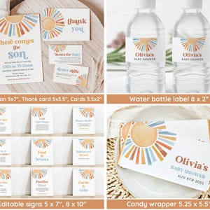 May include: A set of printable baby shower party decorations featuring a sunburst design in shades of orange, blue, and brown. The set includes an invitation, thank you card, water bottle labels, candy bar wrappers, and editable signs. The text on the invitation reads "Here comes the son" and the text on the thank you card reads "Thank you". The text on the water bottle labels reads "Olivia's Baby Shower". The text on the candy bar wrappers reads "Olivia's Baby Shower Aug 8th 2025". The text on the editable signs includes phrases like "Don't say baby", "Food & Drinks", "Momosa Bar", and "Pacifier Hunt".