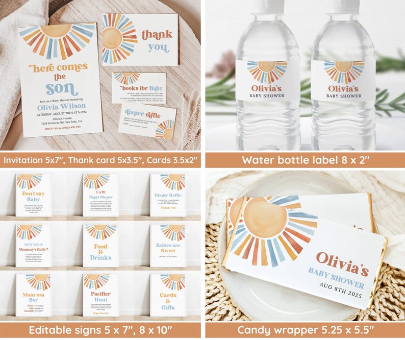 May include: A set of printable baby shower party decorations featuring a sunburst design in shades of orange, blue, and brown. The set includes an invitation, thank you card, water bottle labels, candy bar wrappers, and editable signs. The text on the invitation reads "Here comes the son" and the text on the thank you card reads "Thank you". The text on the water bottle labels reads "Olivia's Baby Shower". The text on the candy bar wrappers reads "Olivia's Baby Shower Aug 8th 2025". The text on the editable signs includes phrases like "Don't say baby", "Food & Drinks", "Momosa Bar", and "Pacifier Hunt".