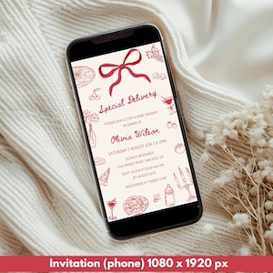 May include: A smartphone displays a baby shower invitation with a red bow and illustrations of food and drinks. The invitation text reads "Special Delivery" and includes event details for Olivia Wilson's baby shower.