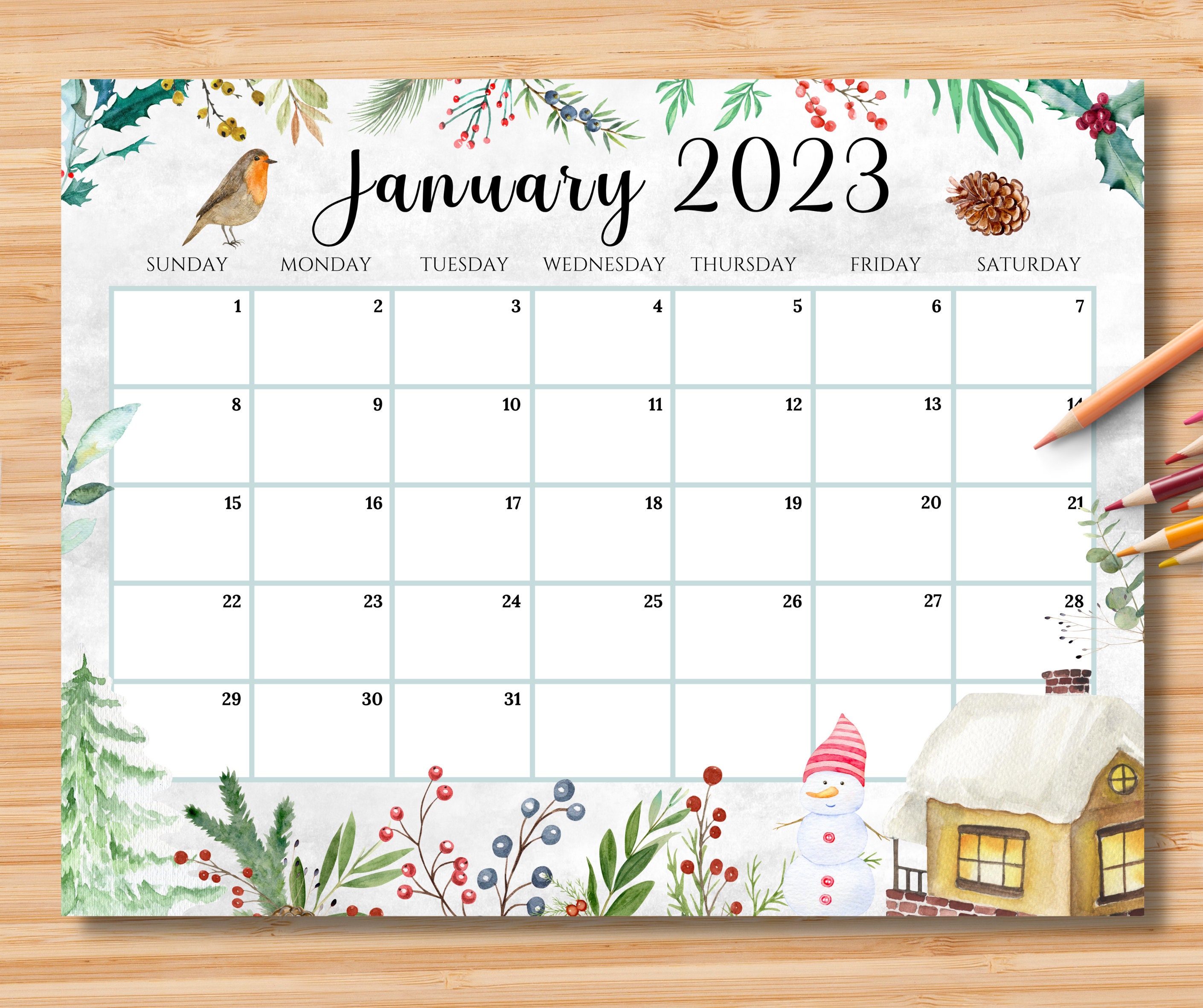 EDITABLE January 2023 Calendar Beautiful Winter in a Garden Etsy Sweden