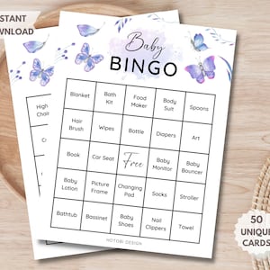 50 fertige Baby Shower Bingo Karten, Baby Bingo Spiel, Bonus Blankokarte, druckbare Baby Shower Spielkarten, Schmetterling, PDF, Instant Download